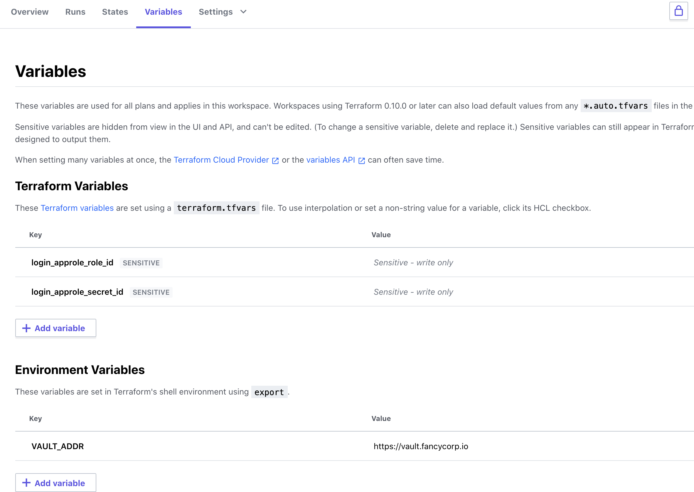 Terraform Cloud, Variables page. Two Terraform variables defined: login_approle_role_id and login_approle_secret_id. One environment variable set: VAULT_ADDR=https://vault.fancycorp.io